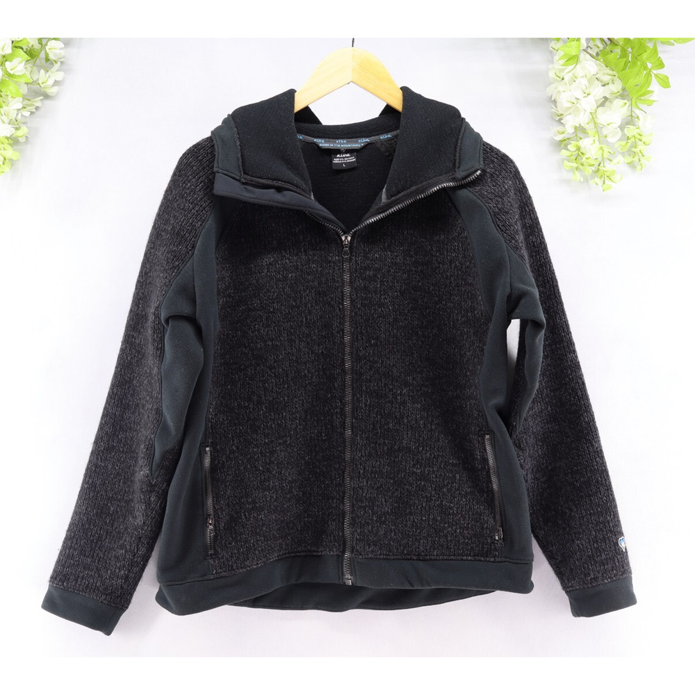 Kuhl Stout Women's Jacket Full Zip Hooded Fleece Wool Blend Black Sz L